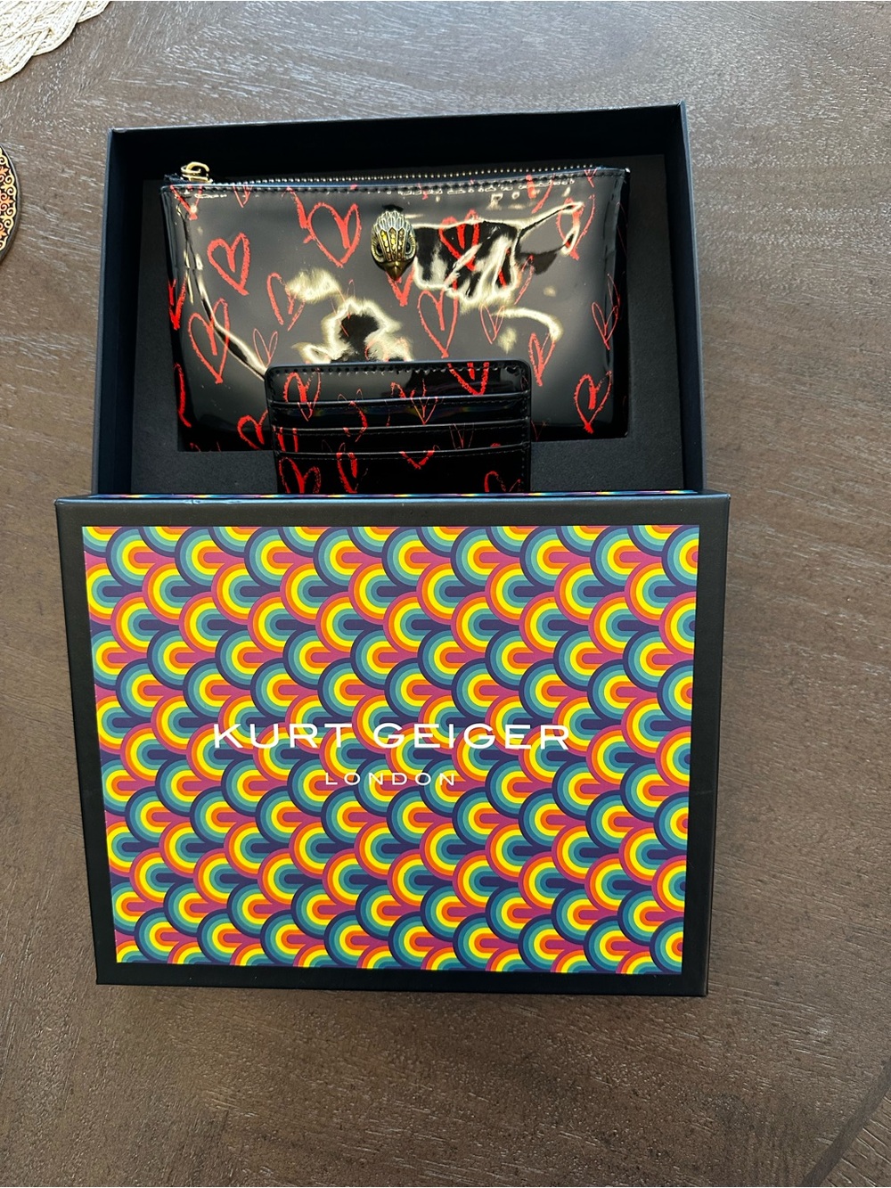 Kurt Geiger Black Patent Pouch and Cardholder Set with Red Hearts